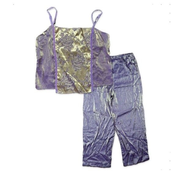AMELIA Other - Vintage Amelia's Pajama Set Purple Gold Metallic Satin Floral Brocade Cami M/L